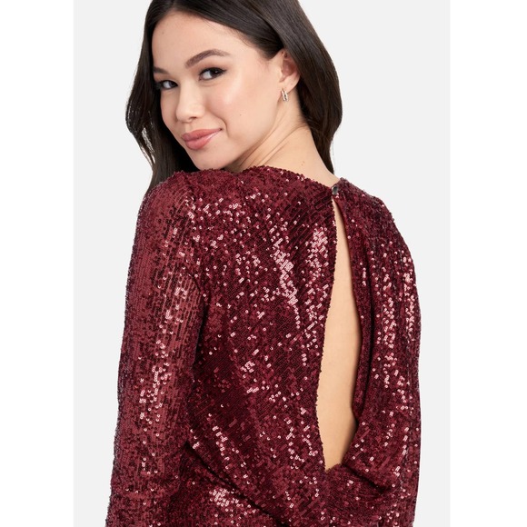 Bebe Red Sequin Long Sleeve Cowl Back Midi Dress - Picture 3 of 8